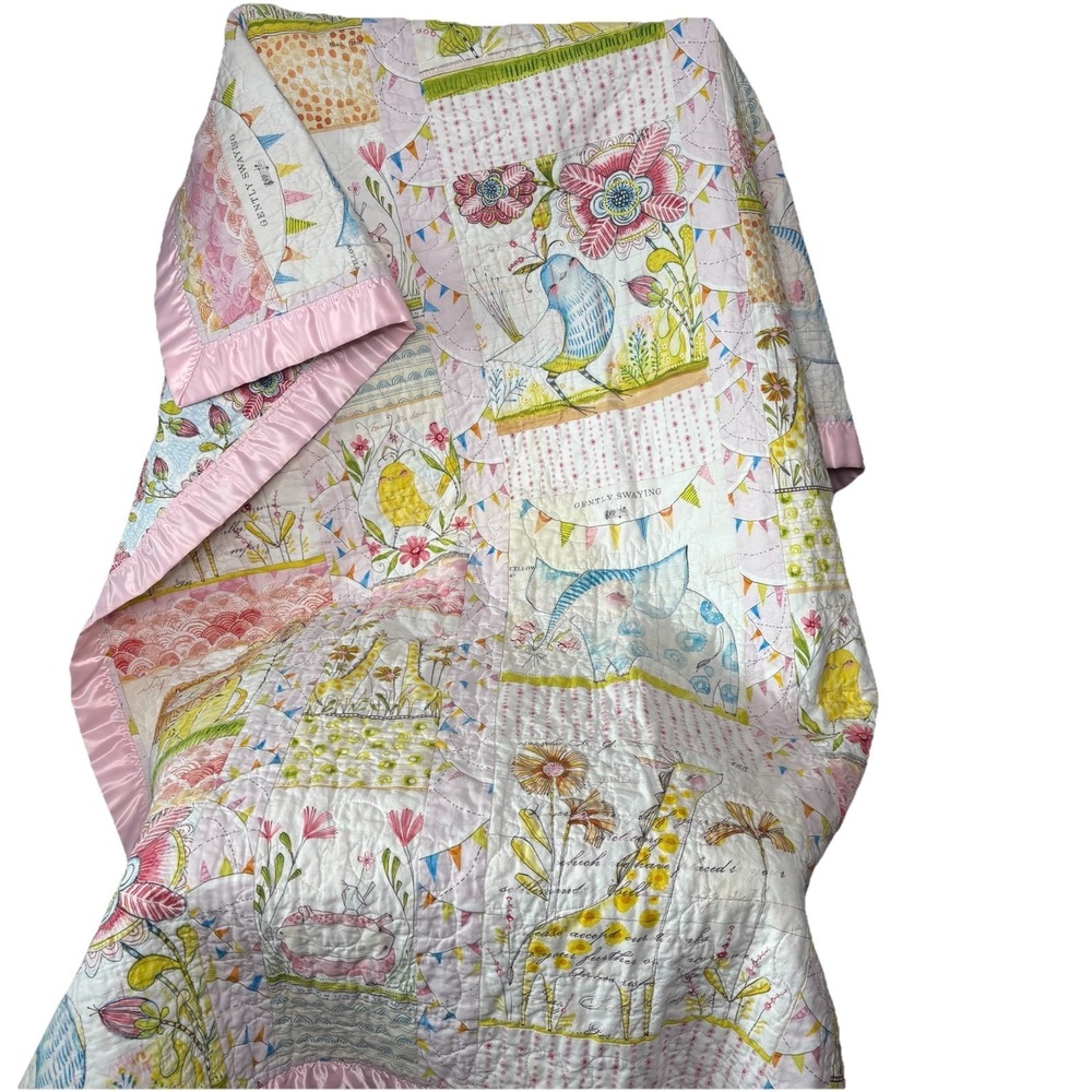 Handcraft Baby Quilt Blanket Watercolor Safari Animals Patchwork Pink Satin Trim
